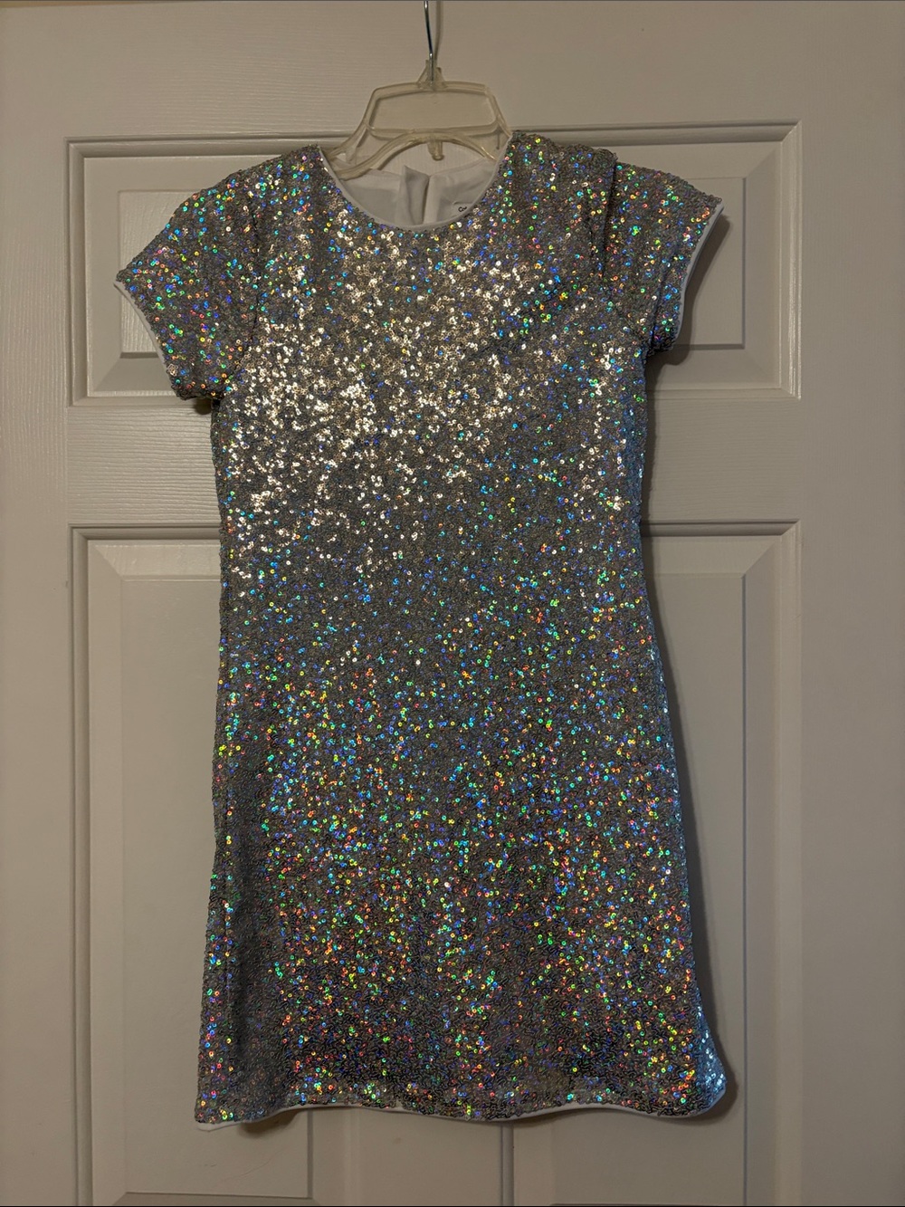Calvin Klein Girls Holographic Silver Sequin Short Sleeve Dress